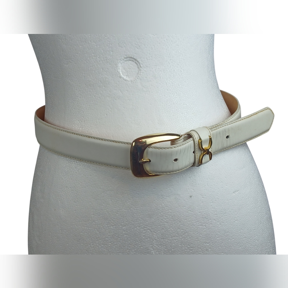 Vintage Harken White Leather Belt with Gold Buckle 28" - 32" Medium